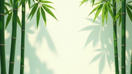 Naklejka premium Serene Bamboo Stalks and Lush Foliage Cast Gentle Shadows Against a Soft, Pale Background