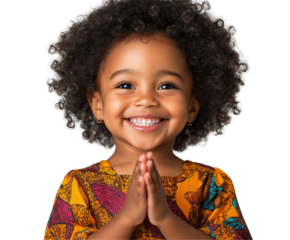 Nigerian Toddler Wearing Vibrant Traditional Attire With Hands In A Namaste Gesture