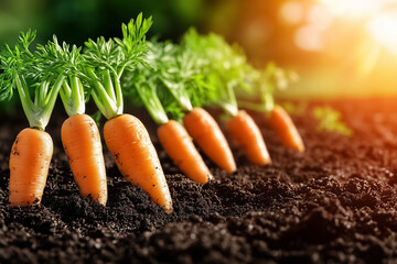 Neatly aligned carrot sprouts emerge from rich, dark soil under the soft glow of morning sunlight, symbolizing new beginnings and the beauty of nature awakening
