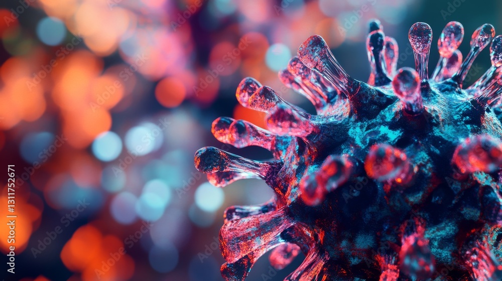 Poster a detailed and close-up rendering of a virus particle, highlighting its translucent, spiky structure