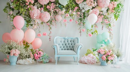 Pastel Dreams: A Floral Balloon Wonderland with a  Delicate Vintage Chair
