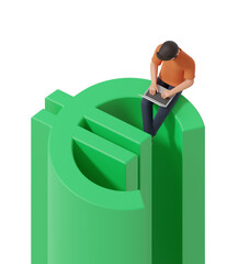 Cartoon character man yellow t-shirt work with laptop seat on green euro symbol isolated over white background. 3d render illustration.