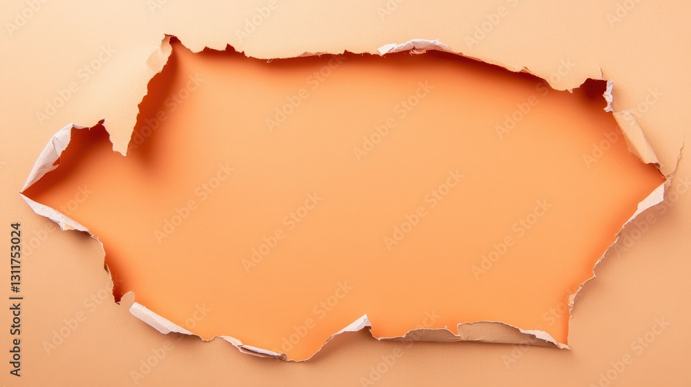 Poster a torn paper effect revealing an orange background, creating a playful and creative visual element w