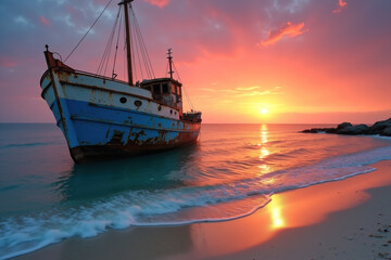 Obraz premium A rusty, weathered ship rests along the shore during a vibrant sunset, with calm waves gently touching the sand.