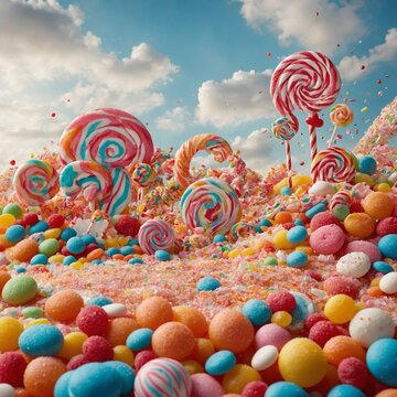 "Create a colorful and whimsical candyland background featuring an array of vibrant sweets and treats, including lollipops, gummy bears, cupcakes, and candy canes. The scene should be playful and fant