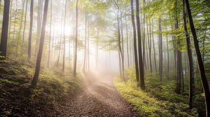 Serene Forest Pathway Bathed in Soft Morning Light with Gentle Mist and Fresh Green Foliage