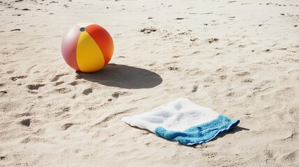 Obraz premium Colorful Beach Ball and Towel on Sandy Shore with Sunlight and Shadow in Summer Relaxation Scene