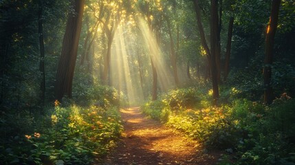 Obraz premium Sunlight filters through verdant canopies, casting a warm glow on the earthy path, nestled amidst a vibrant green forest. Dew-kissed leaves shimmer with life