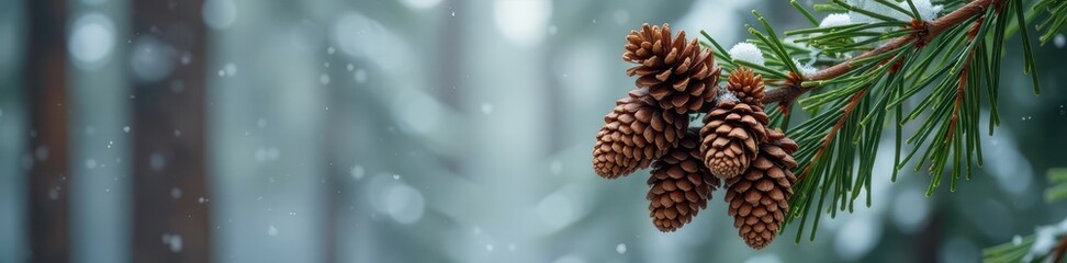 Brown pinecones clustered on a pine branch, winter forest , natural, season, forest