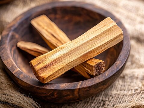 Palo Santo sticks in wooden bowl, spiritual cleansing and aromatherapy