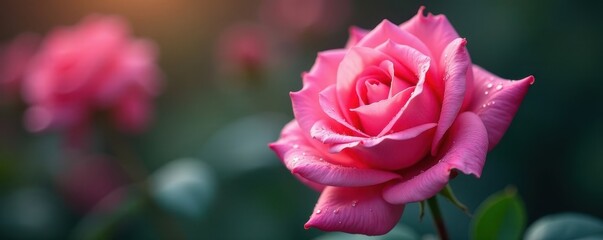 Closeup of pink rose with water droplets; soft focus, bloom, nature, vibrant