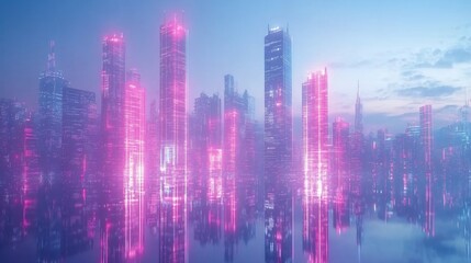Fototapeta premium Futuristic cityscape with glowing pink and blue lights reflecting on water