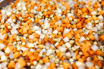 Salad preparation. Finely chopped vegetables for salad. Vegetarian dish. Healthy lifestyle