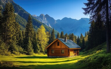 A small cabin is nestled in a lush green valley, surrounded by trees