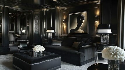 Elegant Dark Living Room Interior with Stylish Furniture and Decor