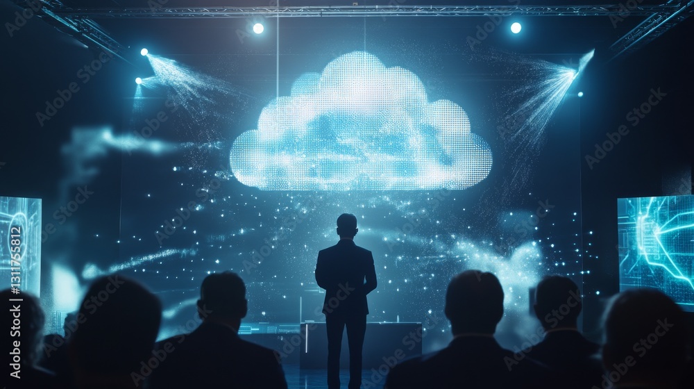 Poster a corporate presentation featuring a digital cloud as the centerpiece, highlighting advancements in 
