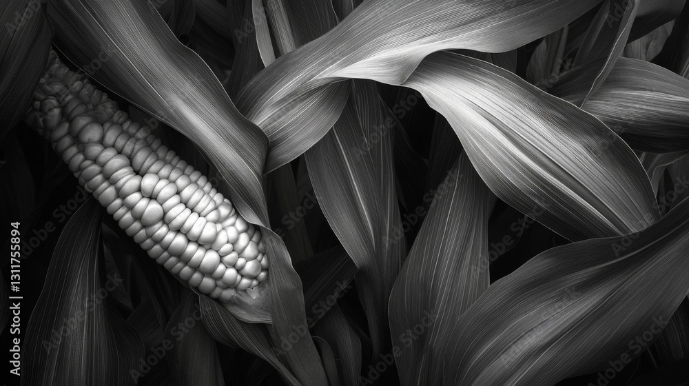 Poster a detailed close-up of a corn cob with striking textured leaves in monochrome tones. the intricate t