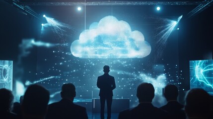 A corporate presentation featuring a digital cloud as the centerpiece, highlighting advancements in cloud computing and data solutions. The audience watches a speaker discuss the future of technology