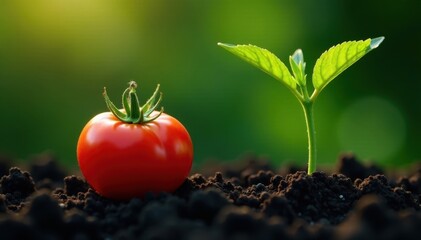 Delicate tomato sprout, first true leaves emerging, spring, horticulture