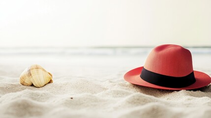 Red Fedora Hat and Sea Shell on Sandy Beach with Gentle Ocean Waves in Soft Natural Light