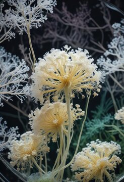 Macroscopic view of Aspergillus conidiophores with phalides and macroconidia on agar plate, microscopic examination, macroconidia