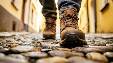 Person Walking on Cobblestone Street with Hiking Boots in a Picturesque Urban Setting