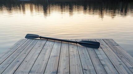 Fototapeta premium Serene Sunset Reflection on Calm Water with Wooden Dock and Single Kayak Paddle