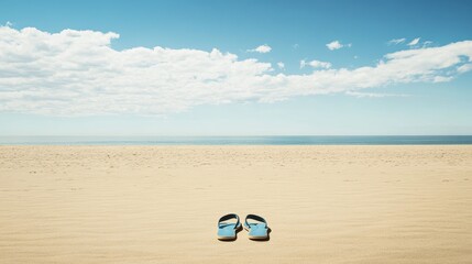 Fototapeta premium Blue Flip Flops on Serene Beach with Clear Sky and Calm Ocean View