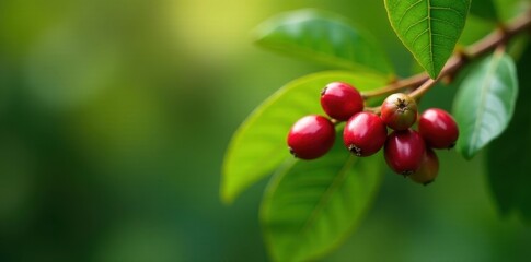 Fresh coffee branch with ripe beans and vibrant green leaves , fresh, ripe