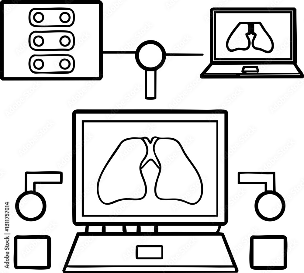 Poster this image depicts a computer interface showing lung illustrations, connected to various devices, su