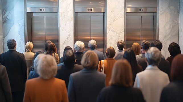 Crowded office lobby with people waiting for elevators.