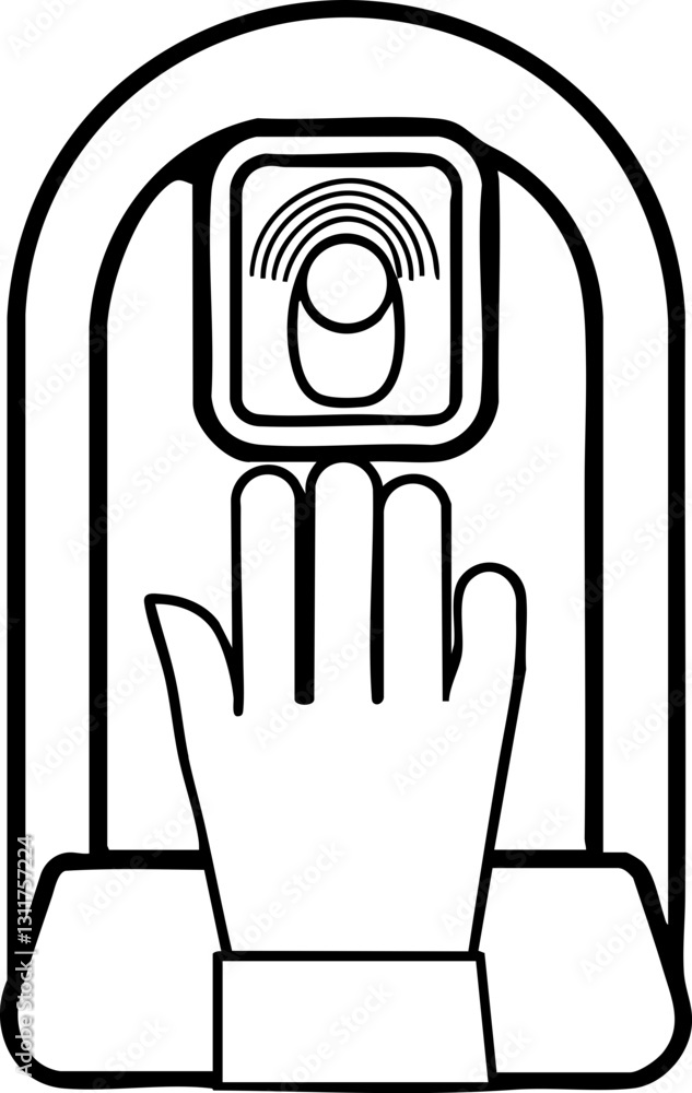 Poster a hand symbol indicating a touch or push button, often used in interactive displays or devices.