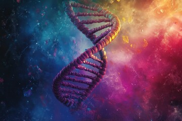 A detailed illustration of a twisted DNA structure and a cosmic background