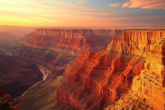 A breathtaking red rock canyon bathed in warm sunset light, its rugged walls showcasing layers of geological history - Powered by Adobe