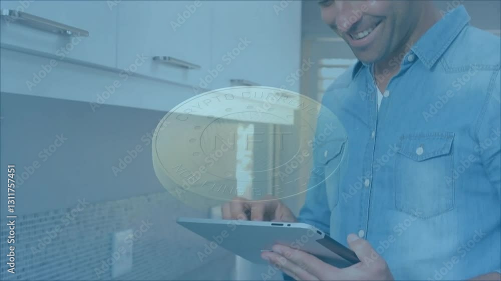 Poster smiling man using tablet with cryptocurrency nft coin animation overlay