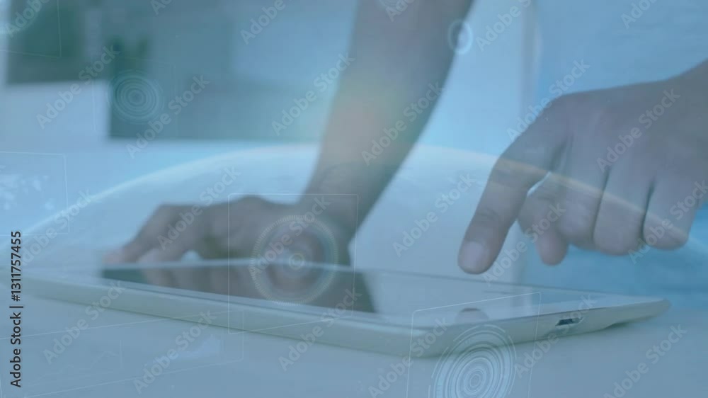 Poster using tablet, hands interacting with digital interface overlay on screen
