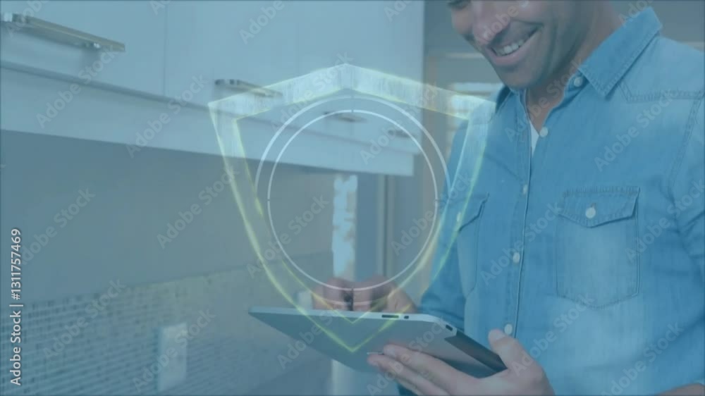 Poster smiling person using tablet with digital security shield animation overlay