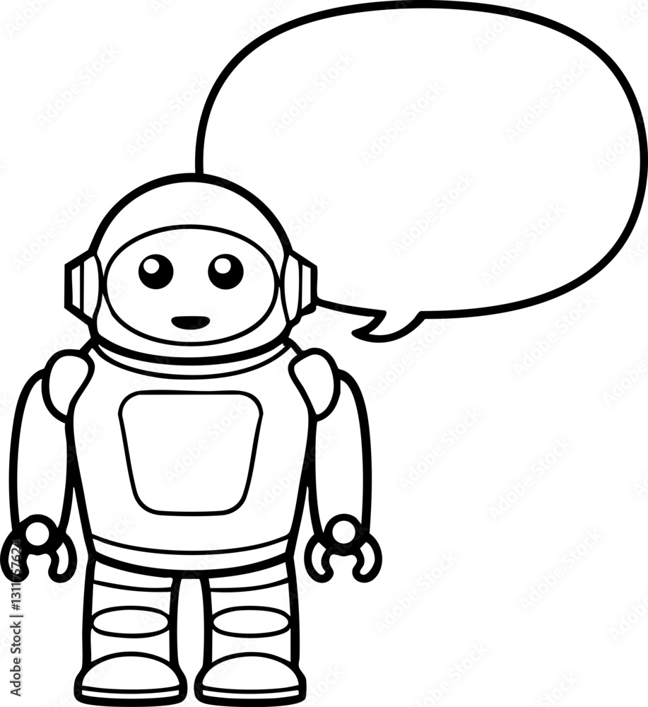 Poster a simple, cartoonish robot character with a speech bubble, designed for playful or educational conte