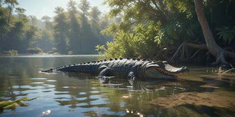 massive alligator basking in the sun at lake with fish school swimming close by, Everglades National Park, Florida's wildlife, sunlit water, alligator mississippiensis