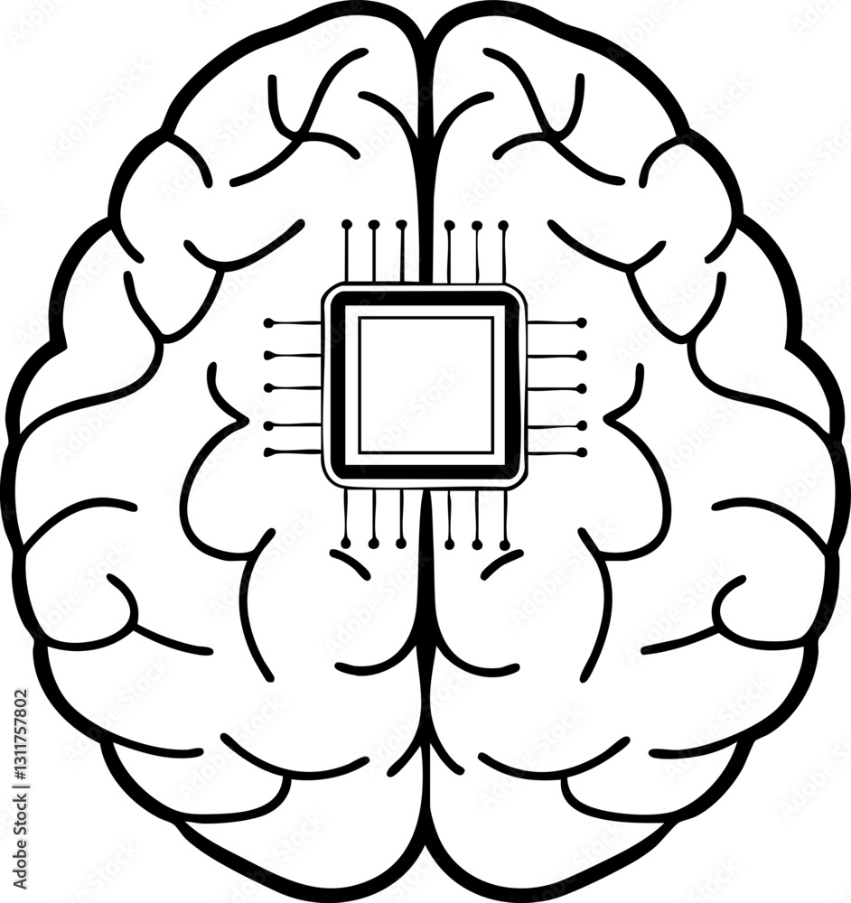 Poster a stylized illustration of a brain integrated with a computer chip, symbolizing the intersection of 