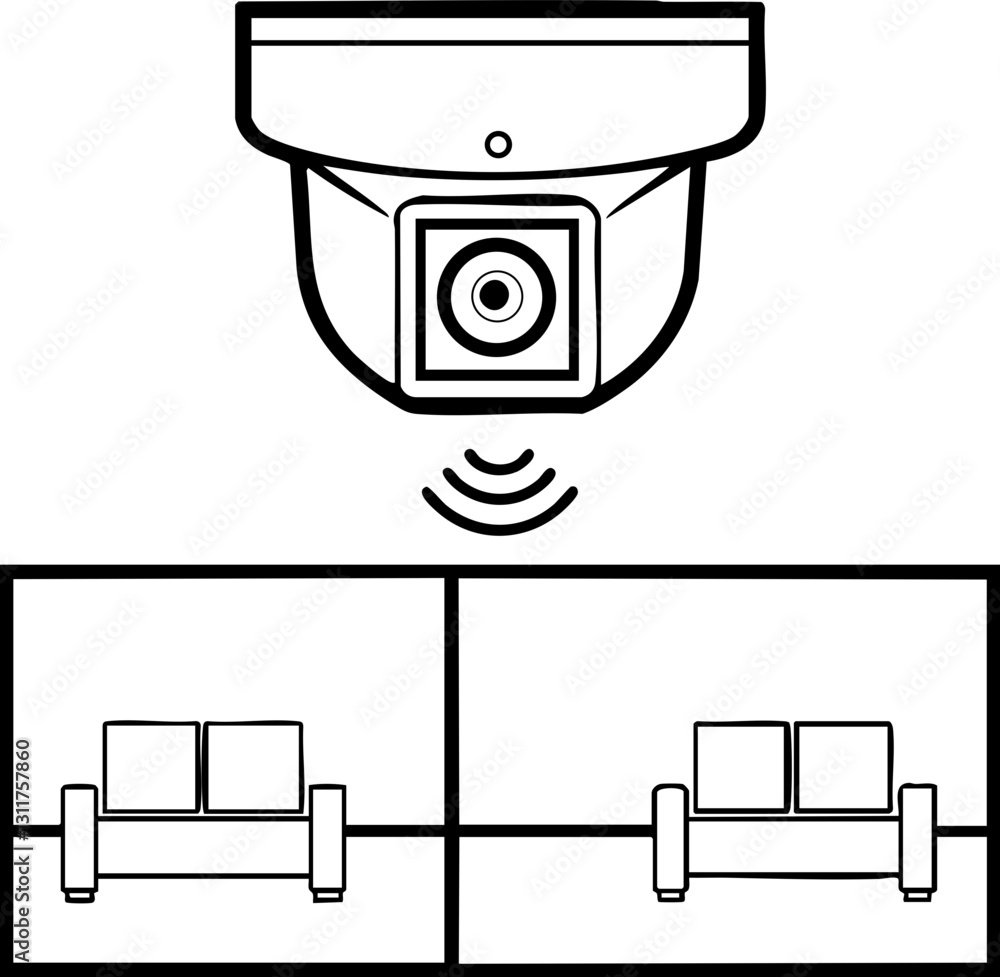 Poster a simple illustration of a security camera with wave signals, showing two views of a space with furn