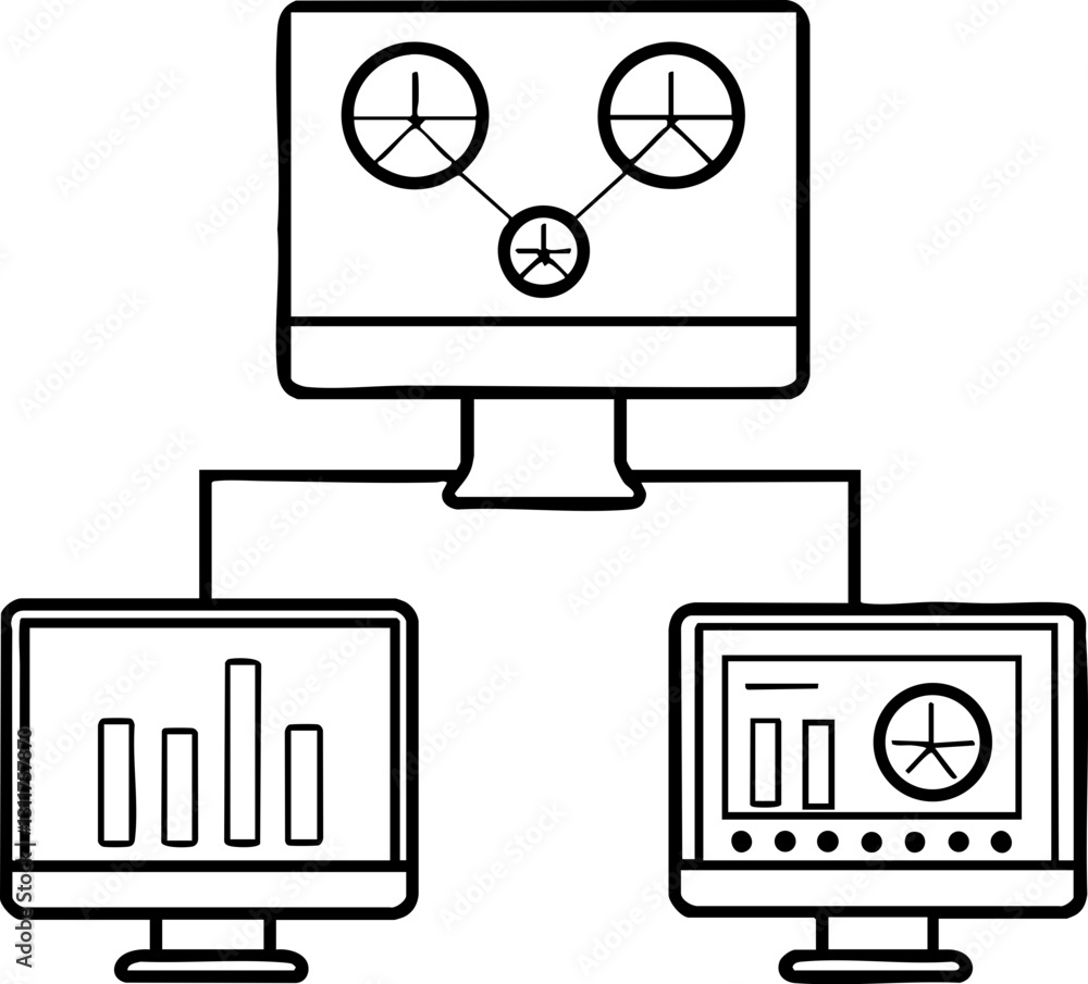 Poster a simplified diagram showcasing a central computer connected to two other computers, illustrating a 