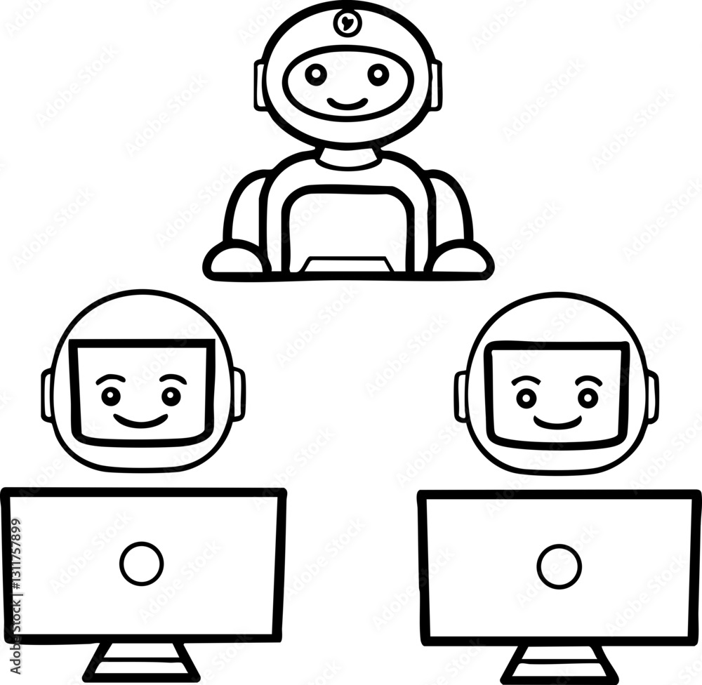 Aufkleber a fun illustration of a friendly robot managing two other robots, each sitting at a computer, highli