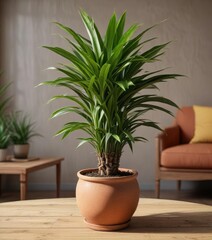Fototapeta premium Mature Dracaena with multiple stems and leaves in a large terracotta pot on a wooden coffee table, multiple stems, statement piece, mature plant