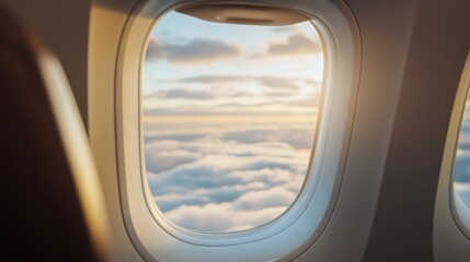 Fototapeta premium Serene View from Airplane Window at Sunset Over a Sea of Soft Clouds in Sky