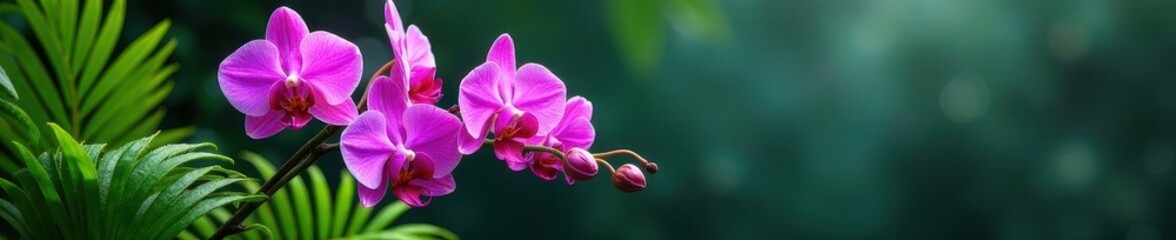 Luxurious purple orchids & vibrant green ferns , texture, dark