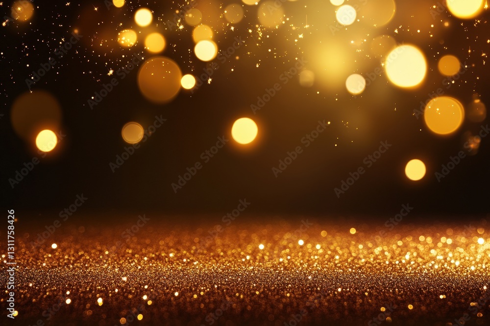 Poster a shimmering background of golden bokeh lights against a dark surface, creating a festive and warm a