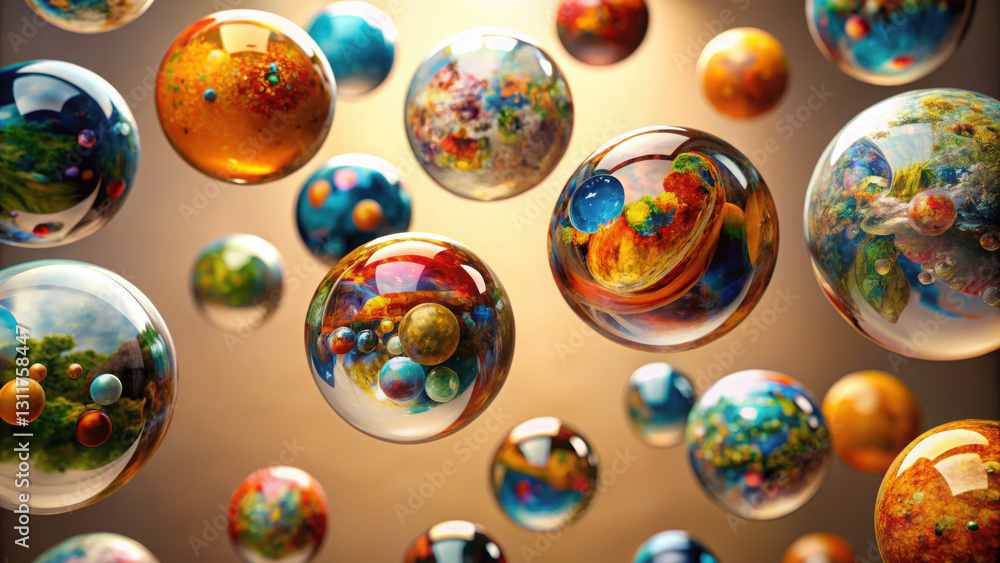 Poster floating glass orbs with colorful landscapes and patterns create mesmerizing effect