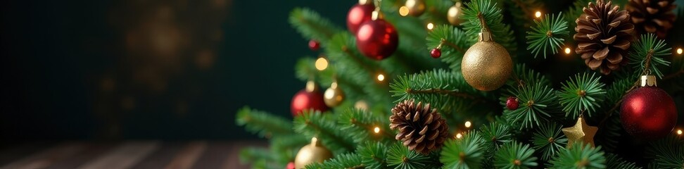 Ornate gold-accented Christmas tree with pine cones, xmas, winter decorations, glamorous