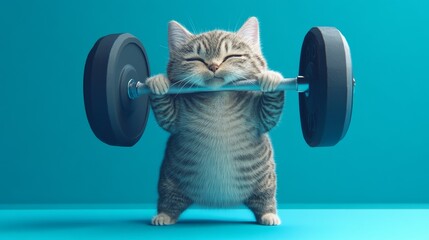 A joyful kitten lifting a barbell, radiating positivity and fun. The bright background and playful expression make this image ideal for fitness, motivation, and pet-related projects.. AI Generation